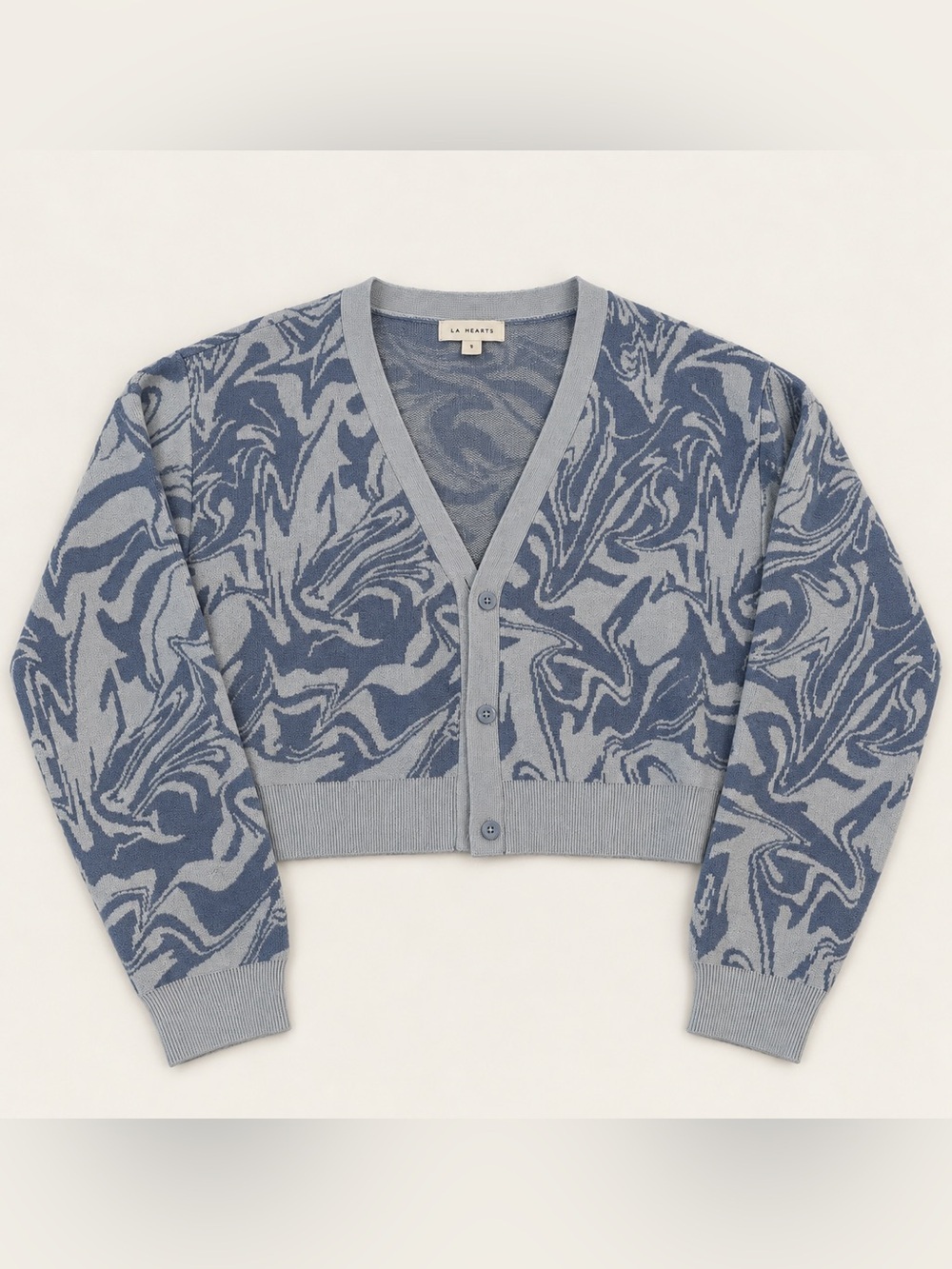 LA Hearts Blue Gray Abstract Swirl Cropped V Neck Cardigan Sweater XS